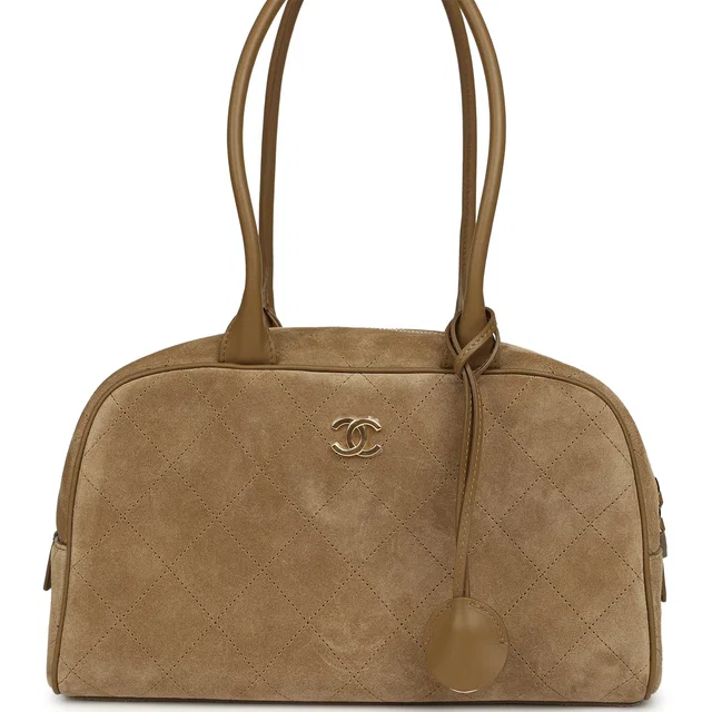 Chanel Small "Perfect Bowling" Bag Dark Beige Suede Gold Hardware in Beige Suede from Madison Avenue Couture