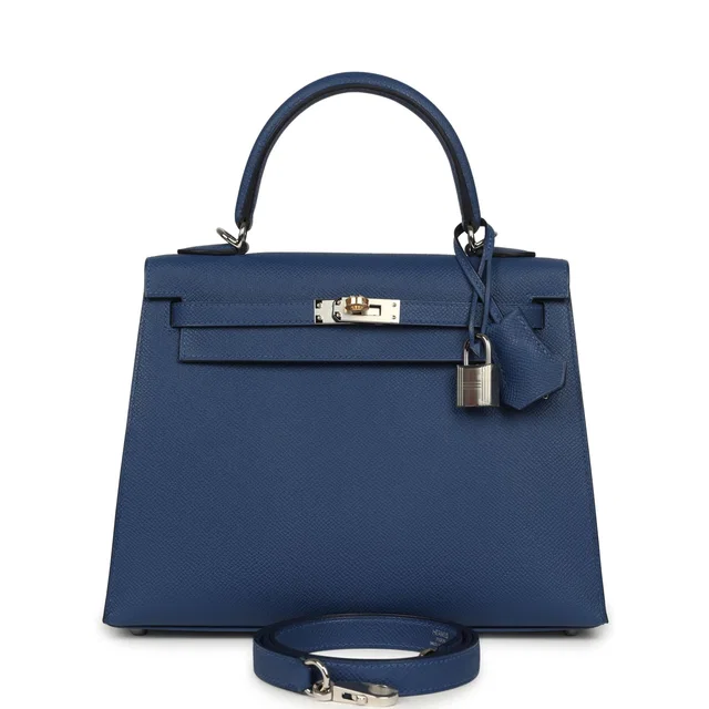 Hermès Kelly Sellier 25 Bleu Tie Epsom Electrum Hardware in Blue Epsom leather from Madison Avenue Couture