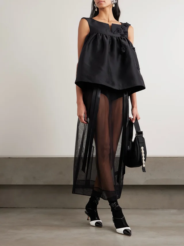 SHUSHU/TONG Gathered appliquéd bead-embellished crepe top in Black, photo 2 of 2 from NET-A-PORTER (Canada)
