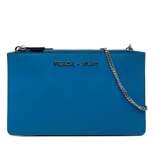Blue Prada City Calf Double Zip Crossbody in Blue Leather from Designer Revival