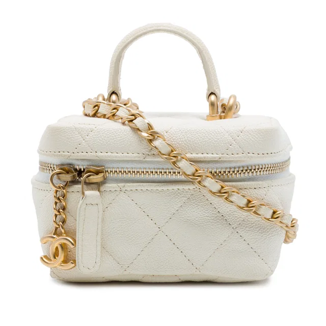 White Chanel Mini Caviar Chain Zip Around Vanity Case Satchel in White Caviar leather from Designer Revival