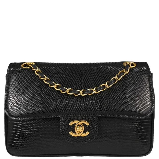 Chanel 1989-1991 * Black Lizard Small Classic Double Flap Shoulder Bag in Black Lizard from AMORE Vintage Tokyo