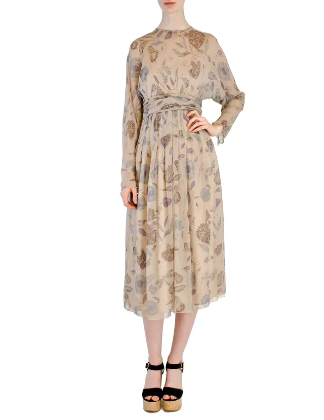 Chloé Vintage AW 1977 Gorgeous Beige Silk Chiffon Floral Harvest Print Dress in Beige Silk from Amarcord Vintage Fashion
