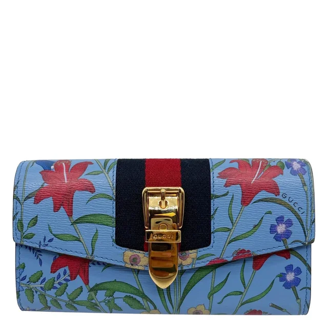 Gucci Sylvie Continental Floral Print Leather Wallet Blue 476084 in Blue Leather from Dallas Designer Handbags