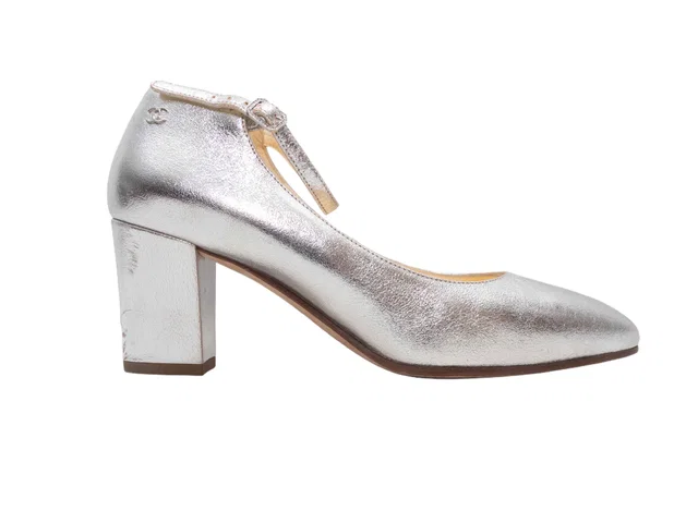 Silver Chanel Pointed-Toe Ankle Strap Pumps Size 38 in Silver Leather from Designer Revival
