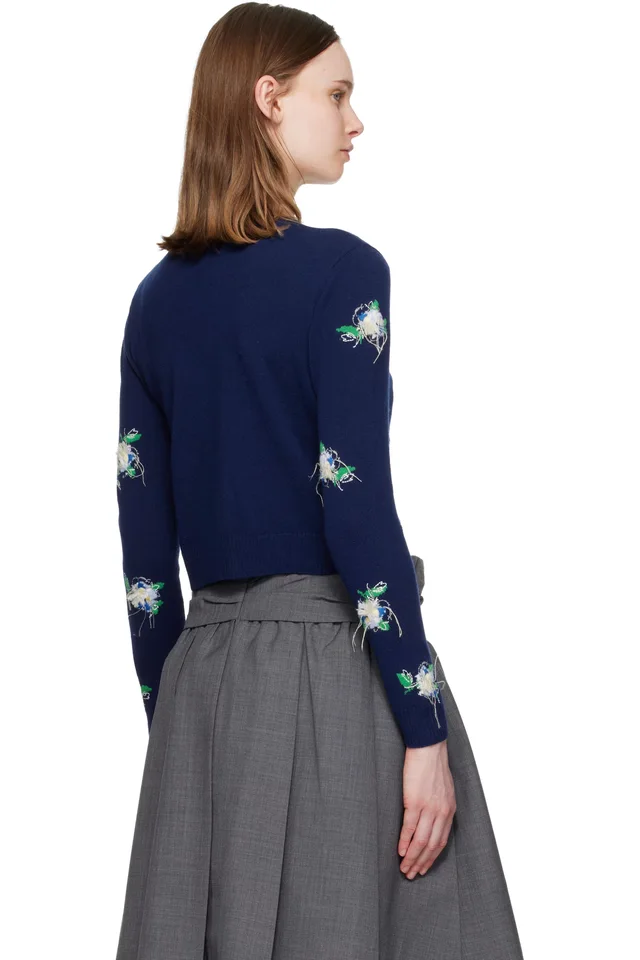 SHUSHU/TONG Navy Threadwork Knit Cardigan, photo 3 of 4 from SSENSE