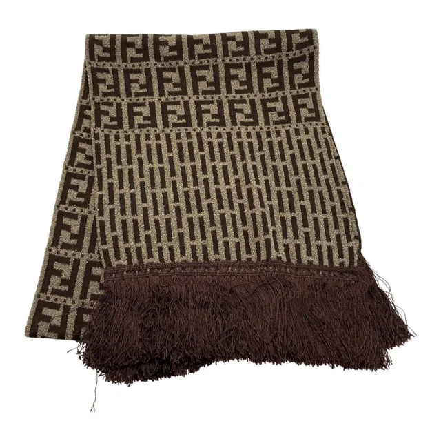 Fendi Zucca Pattern Fringe Muffler Brown Wool Stole Scarf in Brown Wool from The Reluxe