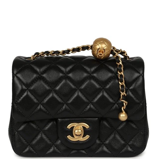 Chanel Mini Square Pearl Crush Flap Bag Black Lambskin Antique Gold Hardware in Black Lambskin from Madison Avenue Couture