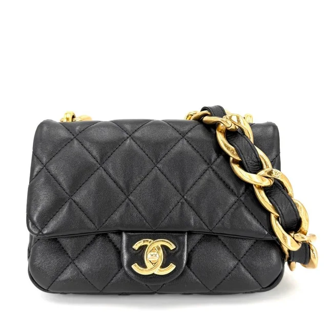 Chanel Shoulder Bag Quilted CC Logo Bag Chain Pochette Leather Black Gold in Black Leather from The Reluxe