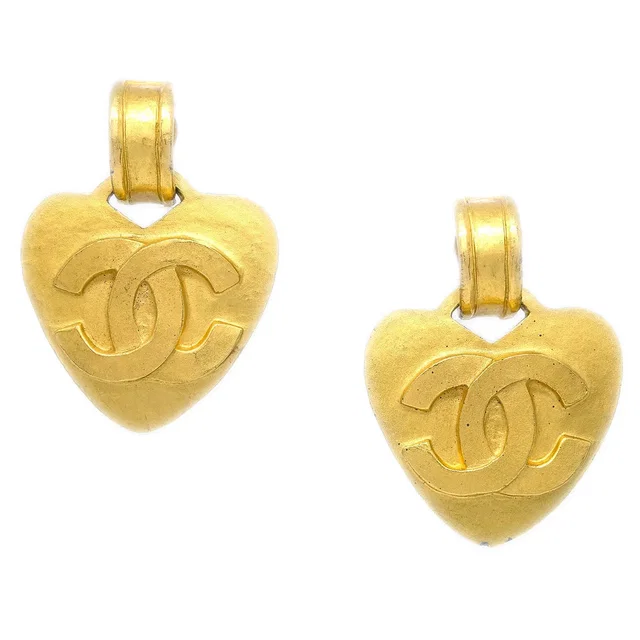 Chanel Dangle Heart Earrings Clip-On Gold 95P in Gold from AMORE Vintage Tokyo
