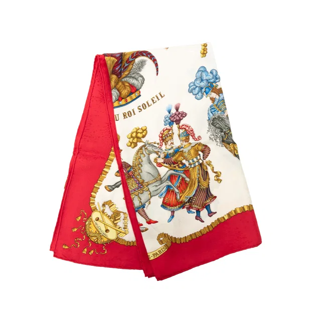 Red Hermès Les Fêtes du Roi Soleil Silk Scarf 90 Scarves in Red Silk from Designer Revival