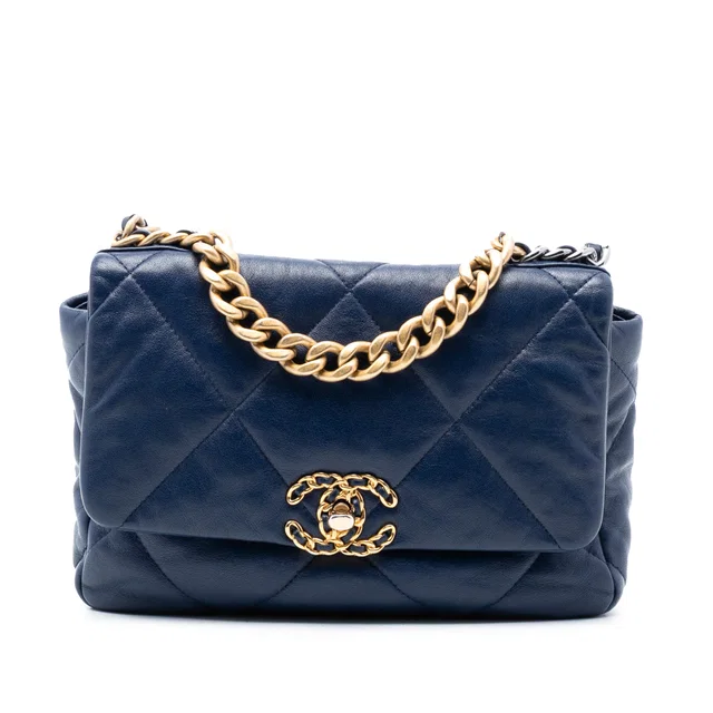 Blue Chanel Medium Lambskin 19 Flap Satchel in Blue Lambskin from Designer Revival