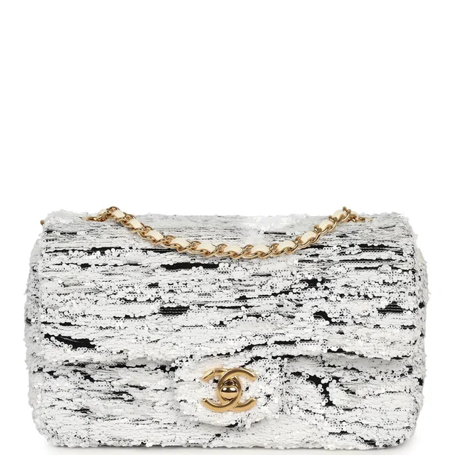 Chanel Mini Rectangular Flap Bag White, Black Sequins Gold Hardware in Black Lambskin from Madison Avenue Couture