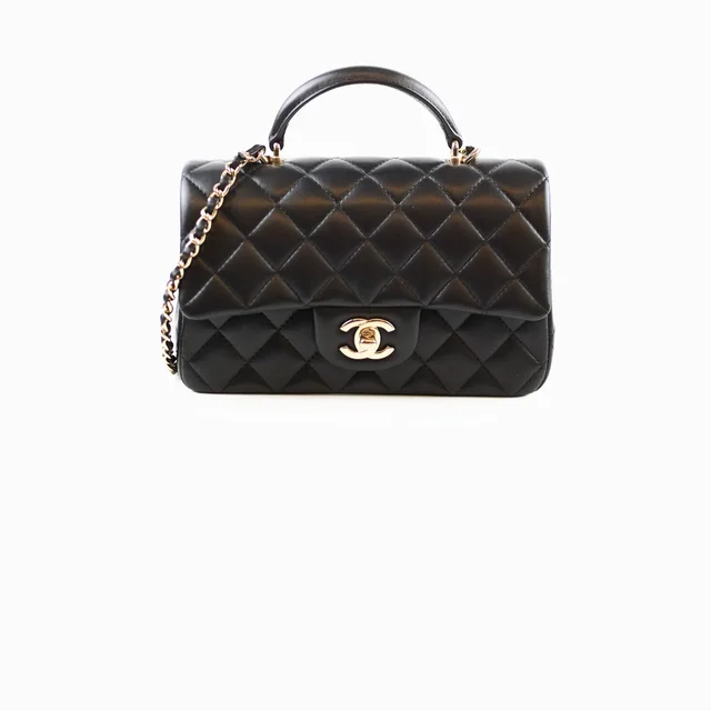 Chanel Mini Rectangular Top Handle Black Lambskin CGHW in Black Lambskin from The Purse Affair