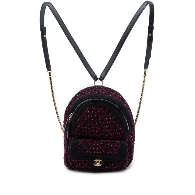 Black Chanel Mini Quilted Tweed CC Pocket Backpack in Black Tweed from Designer Revival