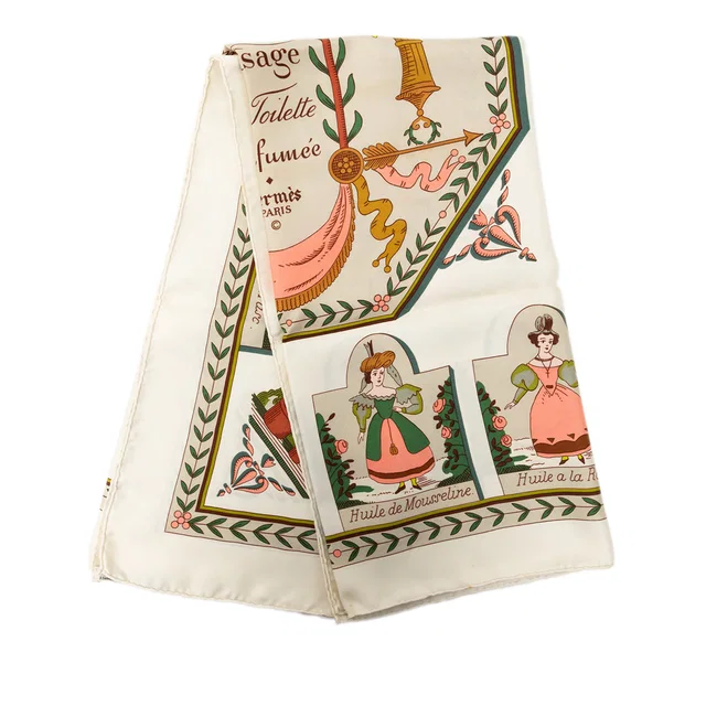 White Hermès Huile Rafraichissante a L Usage de la Toilette Parfumee Silk Scarf 90 Scarves in White Silk from Designer Revival
