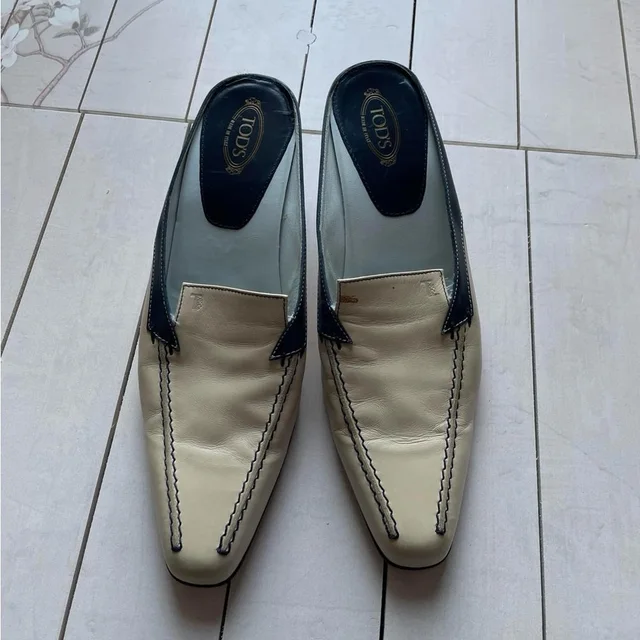 Tod's Cream And Black Leather Loafers in blue Leather from Poshmark