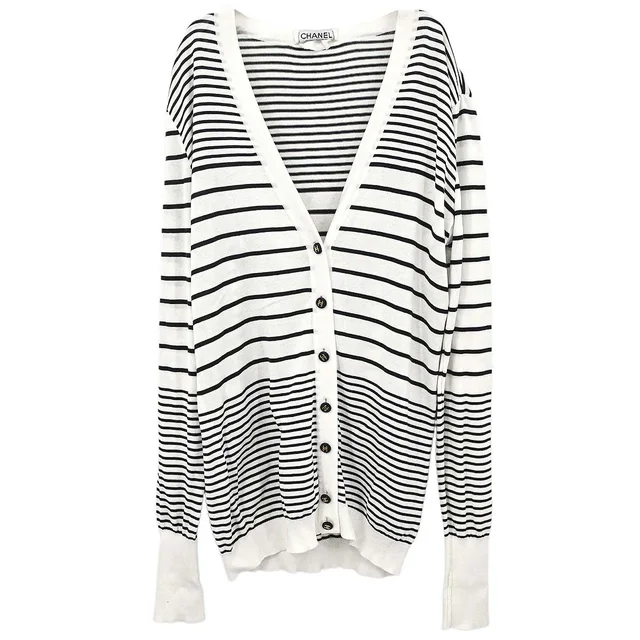 Chanel Striped Cardigan White #40 in White from AMORE Vintage Tokyo