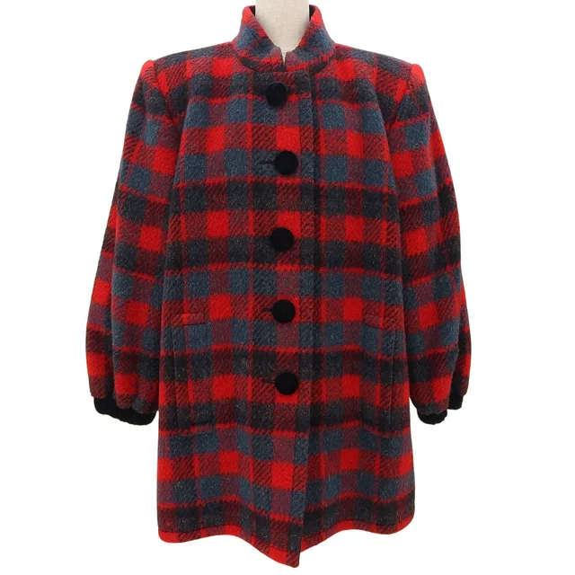Saint Laurent Check Pattern Stand Collar Coat #M Red/Green in Red Wool from VINTAGE QOO TOKYO
