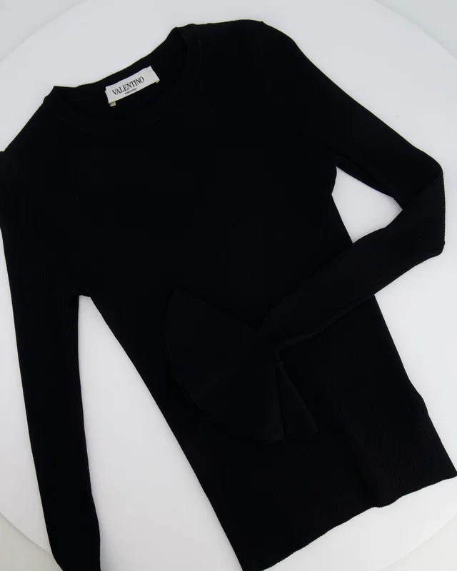 Valentino Garavani Black Long Sleeve Ribbed Top with Sleeve Details Size XS (UK 6) in Black from Sellier