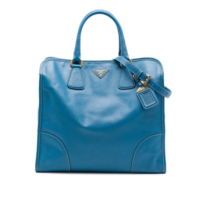Blue Prada Saffiano Lux Shopping Tote Satchel in Blue Saffiano leather from Designer Revival