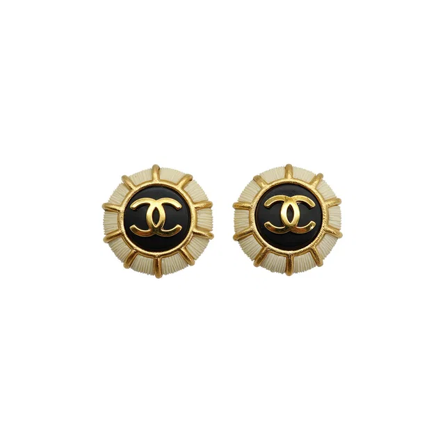 Chanel Vintage Earrings Cocomark White Black Gold Accessory 95A in Black from Luxury Promise