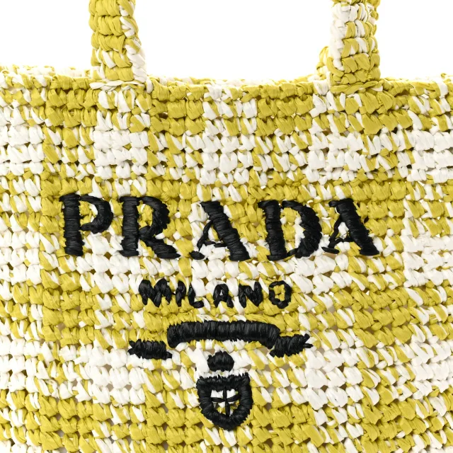 Prada Yarn Raffia Effect Crochet Embroidered Small Logo Tote Citron Yellow in Yellow Raffia from FASHIONPHILE, photo 7 of 9