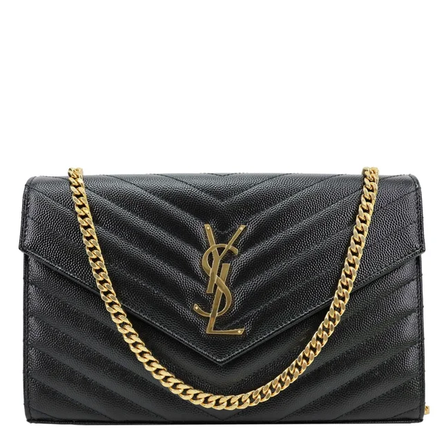 Saint Laurent Cassandre Envelope Grain De Poudre Matelasse Leather Chain Wallet Black in Black Leather from Dallas Designer Handbags