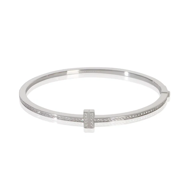 Tiffany & Co. White Gold Diamond T Narrow Hinged Bracelet 18k in White from HEWI