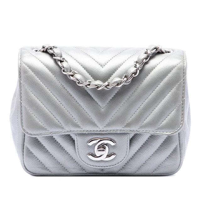 Silver Chanel Mini Square Classic Chevron Caviar Single Flap Crossbody Bag in Silver Caviar leather from Designer Revival