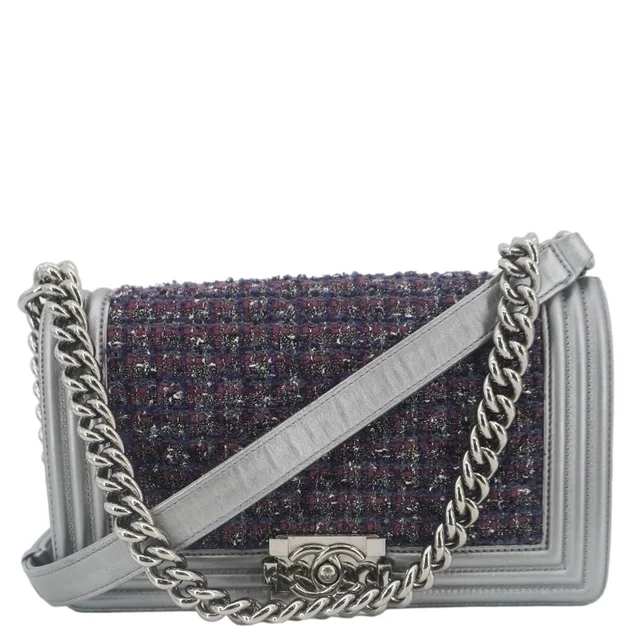 Chanel Boy Flap Tweed Bag Shoulder Bag Silver in Silver Tweed from Dallas Designer Handbags