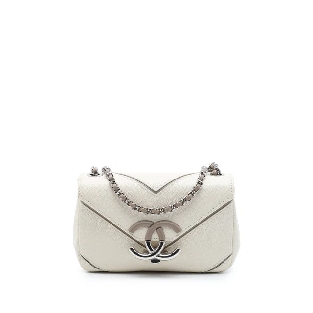 White Chanel Small Macro Chevron Caviar Flap Crossbody Bag in White Caviar leather from Designer Revival