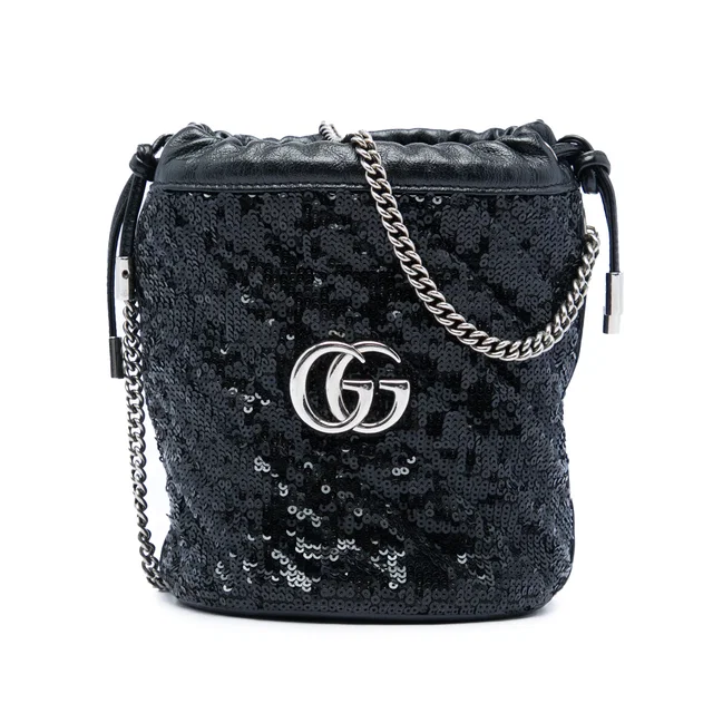 Black Gucci Small GG Marmont Sequined Diagonal Matelasse Calfskin Bucket Bag in Black Calfskin from Designer Revival