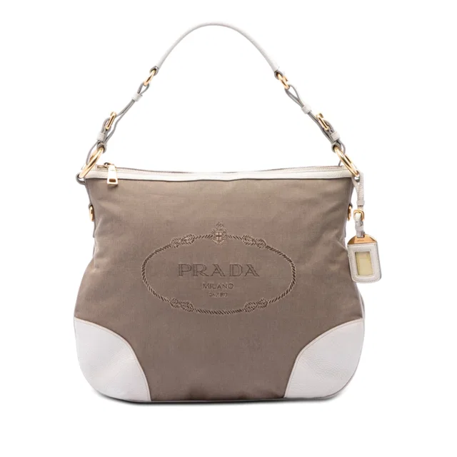 White Prada Canvas Canapa Logo Shoulder Bag in White Canvas from Designer Revival
