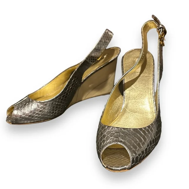 Miu Miu Silver Snake Skin Peep Toe Slingback Wedge Sandals in silver|gray|brown|neutral Leather from Poshmark