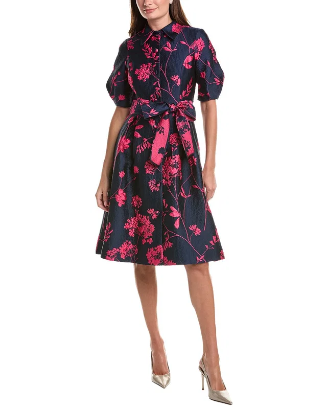 Teri Jon by Rickie Freeman Jacquard Puff Sleeve Floral Silk-Blend Shirtdress, image 1 of 1 from Rue La La