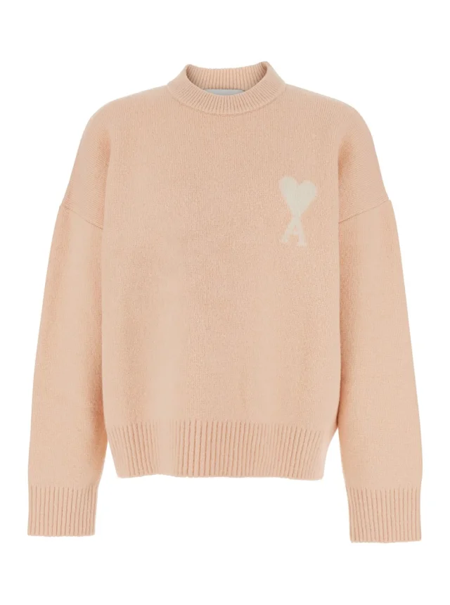 Pink Crew Neck Sweater with Dropped Shoulders and ADC Embroidery on the Front in Wool Blend Man in Pink, image 1 of 1 from Gaudenzi Boutique