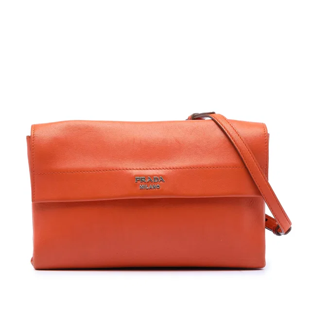 Orange Prada Soft Calf Double Turnlock Crossbody in Orange Leather from Designer Revival