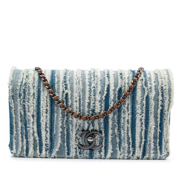 Blue Chanel CC Denim Fringe Single Flap Crossbody Bag in Blue Denim from Designer Revival