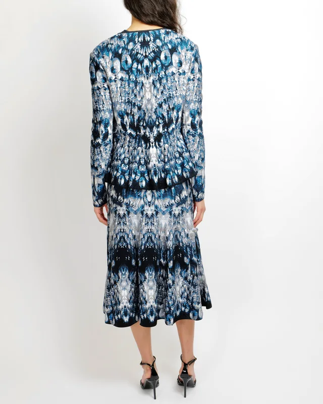 Alexander McQueen Blue Abstract Print Silk Midi Dress and Cardigan Set Size M/L (UK 10/12) in Blue Silk from Sellier, photo 2 of 2