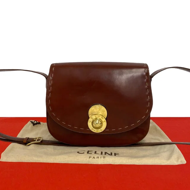 Celine Star Ball Circle Logo Leather Shoulder Bag Pochette Wine Red in Burgundy Leather from The Reluxe