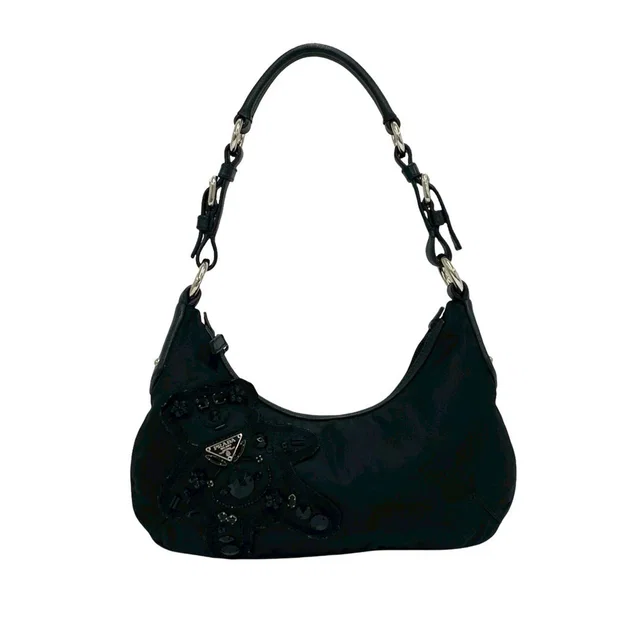 Black Prada Beaded Tessuto Evening Bear Shoulder Bag in Black Nylon from Designer Revival