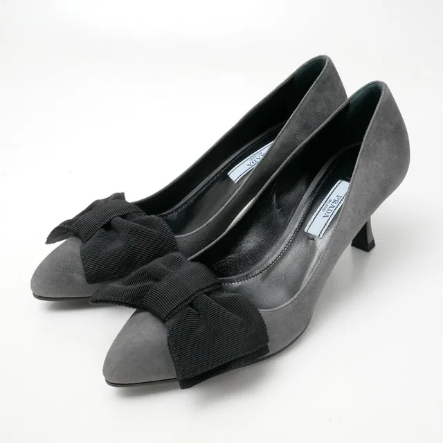 Prada Pumps Suede Ribbon Pointed Toe Heels in Suede from The Reluxe
