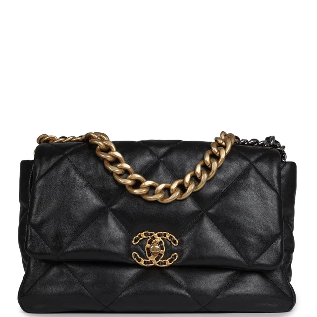 Chanel Large 19 Flap Bag Black Shiny Lambskin Mixed Metal Hardware in Black Lambskin from Madison Avenue Couture