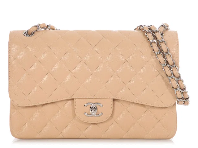 Chanel Jumbo Light Beige Quilted Caviar Classic Double Flap in Beige Caviar leather from Ann's Fabulous Finds