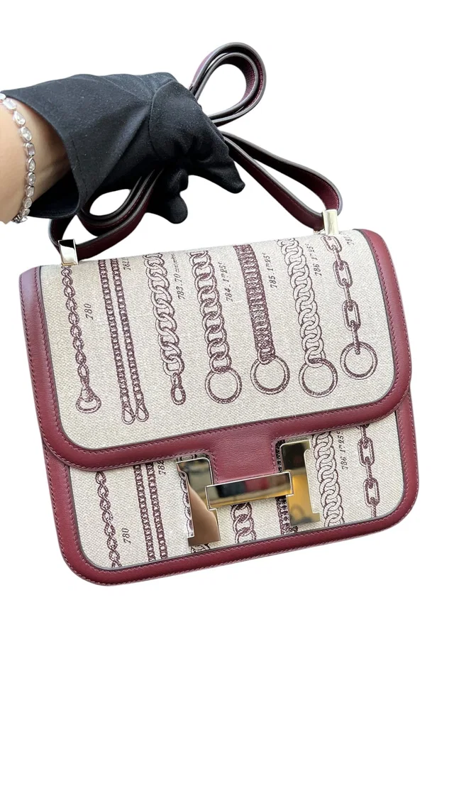 Hermès Constance 24 Toile De Camp Toile/Swift Bordeaux #A in Burgundy Swift leather from Luxury Promise