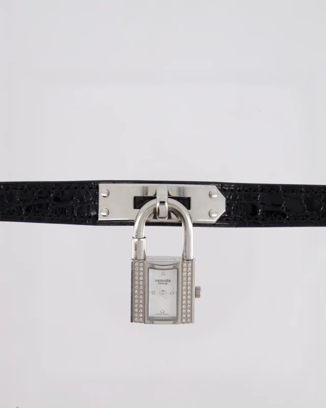 Hermès Kelly Stainless Steel, Diamonds, Black Alligator Crocodile strap and Mother of Pearl 20mm Watch in Black Crocodile from Sellier, photo 3 of 6