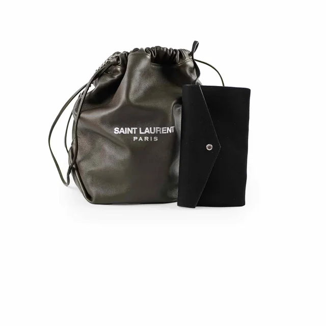 Saint Laurent Bucket Shoulder Bag Olive Green/Grey in Green Calfskin from The Purse Affair