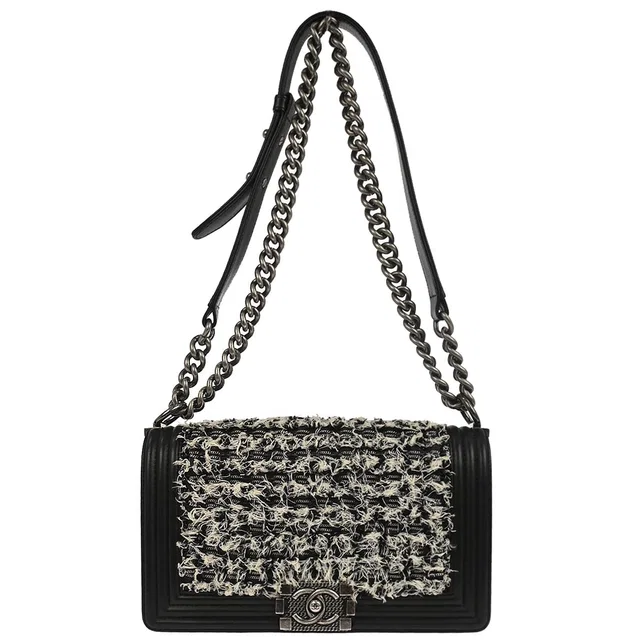 Boy Chanel 2017 Black Tweed Lambskin Medium Double Chain Shoulder Bag in Black Lambskin from AMORE Vintage Tokyo