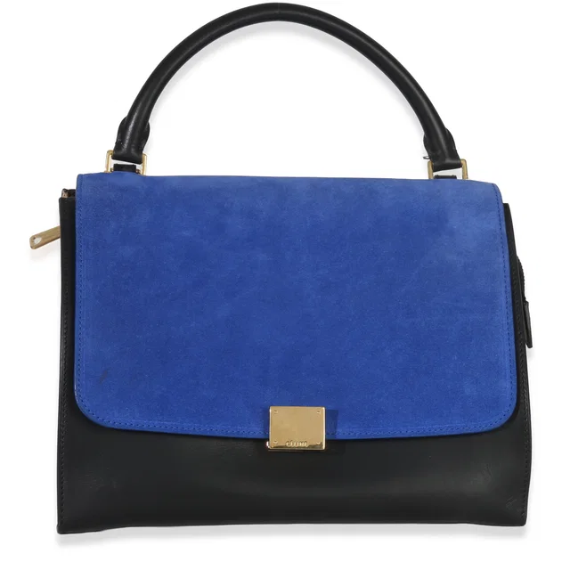 Celine Blue Black Cream Suede Grained Calfskin Small Trapeze Bag in Black Caviar leather from myGemma